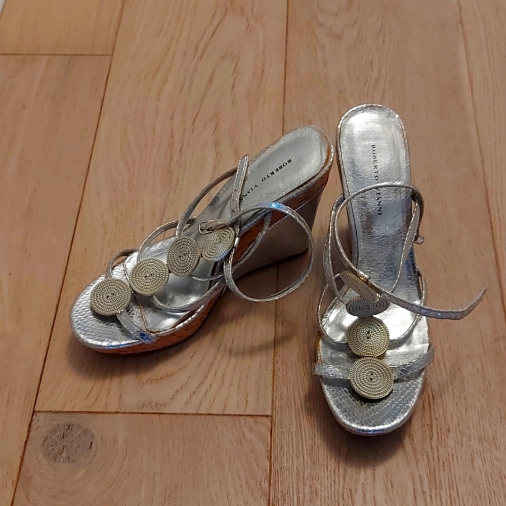 Silver high platform sandals, size 8.5